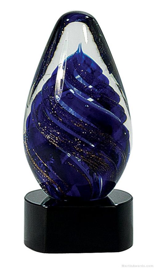 6 3/4 inch Blue Tear Drop Art Glass on Black Base