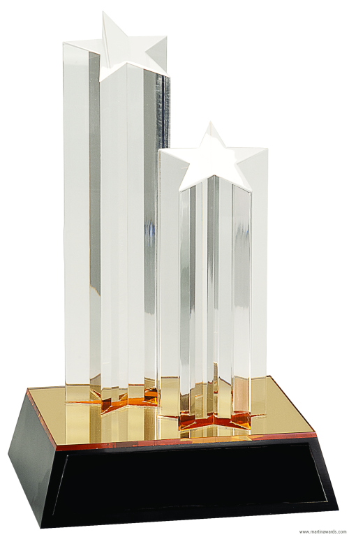 9 1/2″ Clear Double Star Column Acrylic with Gold/Black Base 1