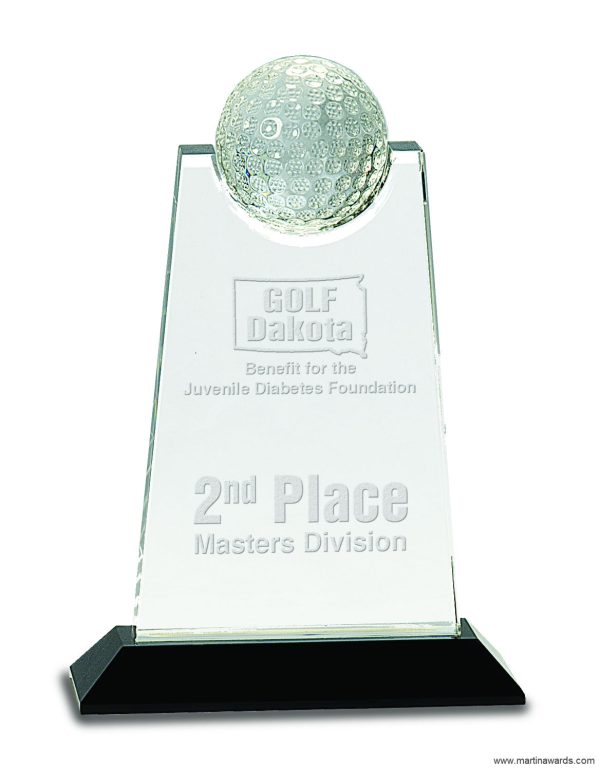 9″ Clear Crystal Tablet with Inset Golf Ball on Black Pedestal Base