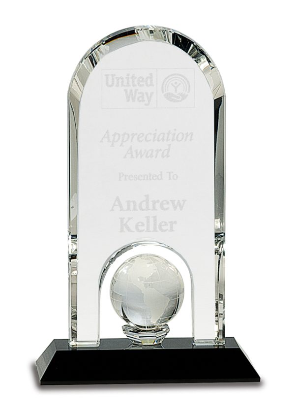 Clear Crystal Dome with Inset Globe on Black Pedestal Base