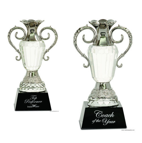 Crystal Cup with Silver Metal Handles on Black Pedestal Base